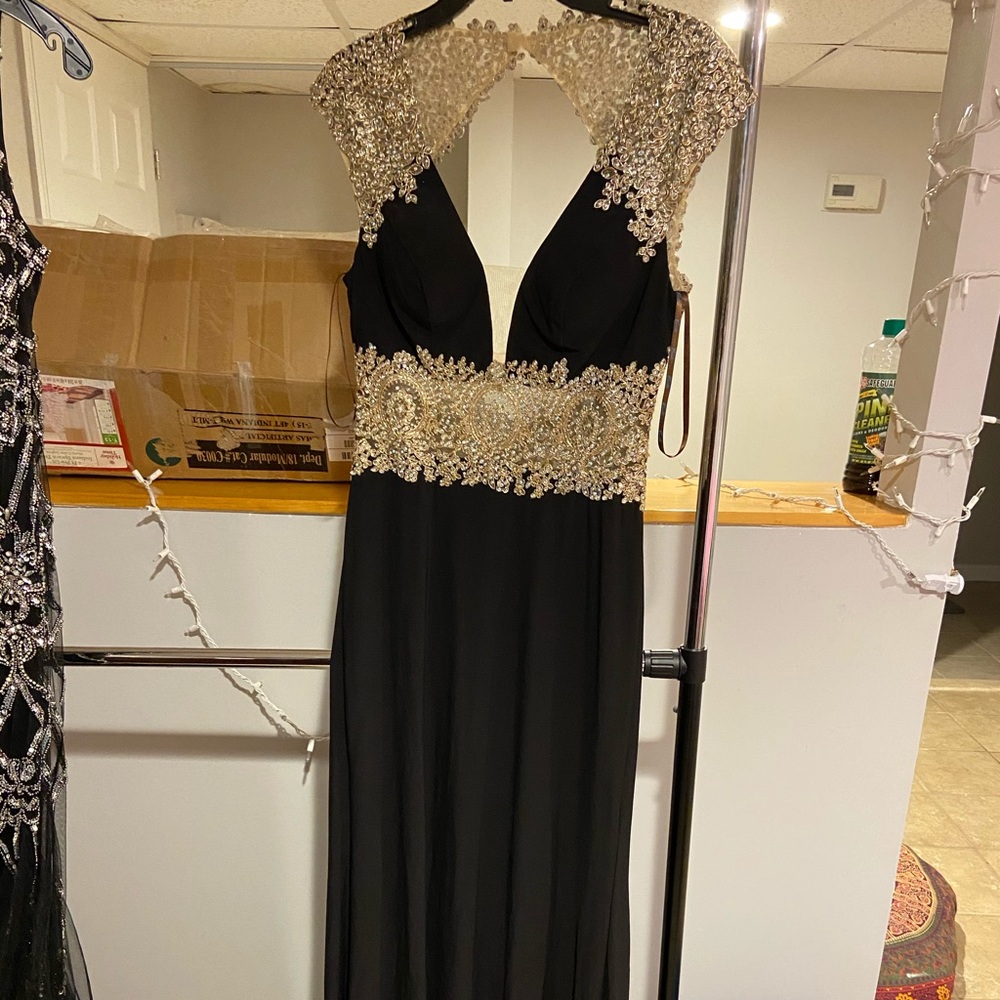 Camille La Vie Black and Gold Prom Dress